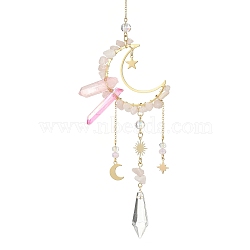 Natural Rose Quartz Chips & Brass Moon Pendant Decorations, with Glass Cone and Brass Sun/Star/Moon Charms, for Home Decorations, 325mm(HJEW-TA00066-01)