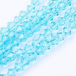 Light Sky Blue Glass Bicone Beads Strands, Faceted, 4x4mm, Hole: 1mm, about 88~89pcs/strand, 12.99~13.39 inch(X-GLAA-S026-06)