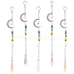 AHADERMAKER 1 Set Alloy Moon Pendant Decorations, 7 Chakra AB Color Plated Glass Beaded Hanging Ornament, with Glass Cone & Star/Ice Flower/Heart Charm, Antique Silver, 280mm, 1pc/style, 5pcs/set(HJEW-GA0001-36)