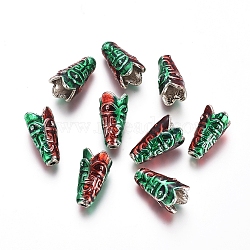 Alloy Bead Cone, with Enamel, Green & Red, Antique Silver, 17x9mm, Hole: 1.8mm(PALLOY-I170-01AS)