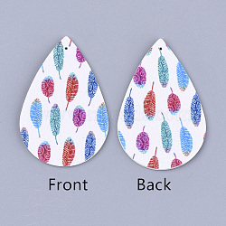 PU Leather Big Pendants, teardrop, with Feather Pattern, Colorful, 56x37x1.5mm, Hole: 1.2mm(FIND-S311-009A)