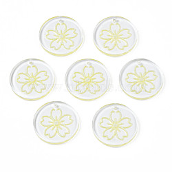 Transparent Resin Pendants, with Glitter Powder, Flat Round with Sakura Flower, Champagne Yellow, 24~24.5x3~4mm, Hole: 1.2mm(RESI-N030-004E)