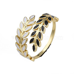 Enamel Leaf Open Cuff Rings, Real 18K Gold Plated Brass Jewelry for Women, Nickel Free, Black and White, US Size 7(17.3mm)(RJEW-N035-134)