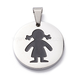 304 Stainless Steel Pendants, with Enamel, Polishing, Flat Round with Silhouette Girl, Stainless Steel Color, 25x3mm, Hole: 7.5x5mm(STAS-Z027-01A-P)