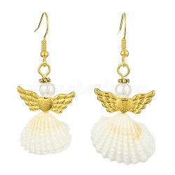 Alloy Fairy Wings Dangle Earrings, Natural Shell Drop Earrings, Golden, 53x22~25mm(EJEW-JE05651-02)