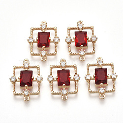 Golden Tone Brass Links connectors, with Faceted Glass and Rhinestone, Rectangle, Red, 19x13.5x3.5mm, Hole: 1mm(X-GLAA-R212-14B)
