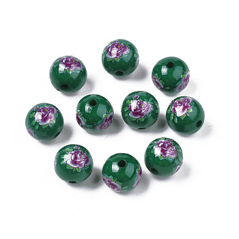 Opaque Printed Acrylic Beads, Round with Flower, Dark Green, 9x9.5mm, Hole: 1.8mm