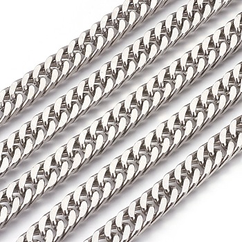 3.28 Feet 201 Stainless Steel Cuban Link Chains, Curb Chains, Unwelded, Stainless Steel Color, 9mm, 13x9x4mm