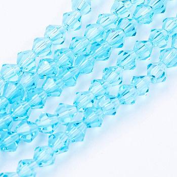 Light Sky Blue Glass Bicone Beads Strands, Faceted, 4x4mm, Hole: 1mm, about 88~89pcs/strand, 12.99~13.39 inch