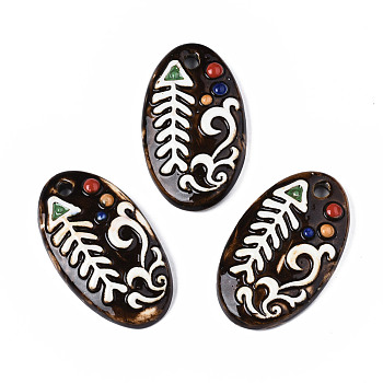 Handmade Porcelain Big Pendants, Oval with Fishbone & Wave Pattern, Coconut Brown, 60.5~62.5x35~36x10~11mm, Hole: 5mm