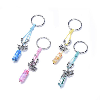 Dyed Natural Fire Agate Keychain, with Tibetan Style Alloy Pendants, 316 Surgical Stainless Steel Key Rings, Eco-Friendly Korean Waxed Polyester Cord and 304 Stainless Steel Beads, Mixed Color, 100~107mm