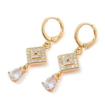 Rack Plating Golden Brass Dangle Leverback Earrings, with Cubic Zirconia, Rhombus, Clear, 39x12mm