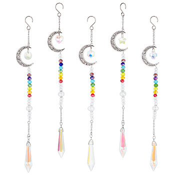 AHADERMAKER 1 Set Alloy Moon Pendant Decorations, 7 Chakra AB Color Plated Glass Beaded Hanging Ornament, with Glass Cone & Star/Ice Flower/Heart Charm, Antique Silver, 280mm, 1pc/style, 5pcs/set