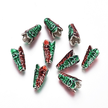 Alloy Bead Cone, with Enamel, Green & Red, Antique Silver, 17x9mm, Hole: 1.8mm