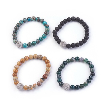 Natural Mixed Stone Stretch Bracelets, with Brass Cubic Zirconia Beads, Round, 2-1/8 inch(5.5cm)