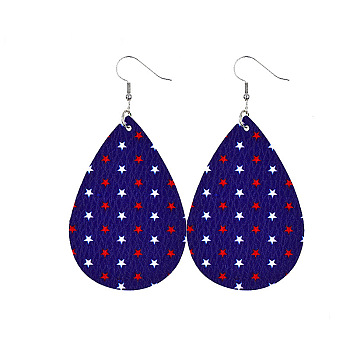 Flag Color Teardrop Leather Dangle Earrings, Independence Day Theme Jewelry for Women, Star Pattern, 78x38mm
