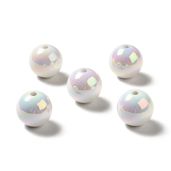 UV Plating Rainbow Iridescent Acrylic Beads, Round, White, 15~15.5x15.5~16mm, Hole: 2.7mm