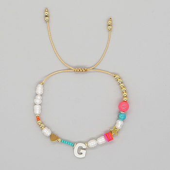 Initial Letter Natural Pearl Braided Bead Bracelet, Adjustable Bracelet, Letter G, 11 inch(28cm)