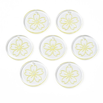 Transparent Resin Pendants, with Glitter Powder, Flat Round with Sakura Flower, Champagne Yellow, 24~24.5x3~4mm, Hole: 1.2mm
