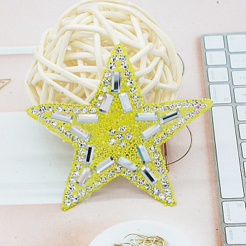Star Glitter Hotfix Rhinestone, Iron on Patches, Dress Shoes Garment Decoration, with Black Seed Beads, Jonquil, 55x55x2mm