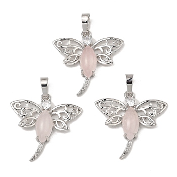 Rack Plating Brass Pendants, with Natural Rose Quartz, Dragonfly Charms, Platinum, 30x30.5x6mm, Hole: 8x5mm