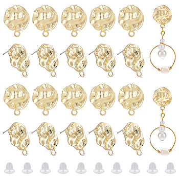 Elite 20Pcs Zinc Alloy Stud Earring Finding, with Horizontal Loops and 40Pcs Plastic Ear Nuts, Flat Round, Light Gold, 22x17mm, Hole: 2mm, Pin: 0.8mm