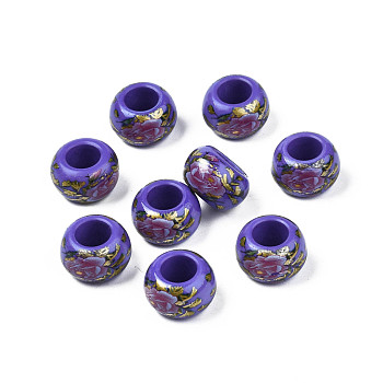 Flower Printed Opaque Acrylic Rondelle Beads, Large Hole Beads, Slate Blue, 15x9mm, Hole: 7mm