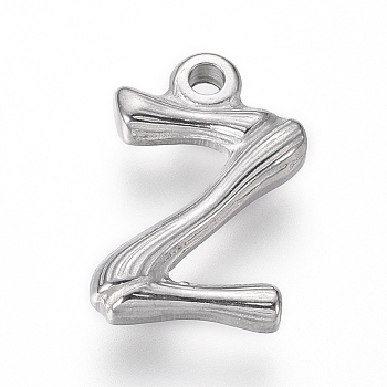 304 Stainless Steel Pendants, Bamboo Shaped Letter, Stainless Steel Color, Letter.Z, 17.5~19x10~16x3~4mm, Hole: 1.8~2mm