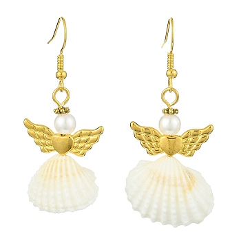 Alloy Fairy Wings Dangle Earrings, Natural Shell Drop Earrings, Golden, 53x22~25mm