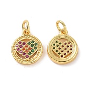 Brass Micro Pave Cubic Zirconia Charms, with Jump Ring, Real 18K Gold Plated, Flat Round with Heart, Colorful, 13.5x11x2.5mm, Jump Ring: 5x0.8mm, Inner Diameter: 3.2mm(KK-E068-VF135)
