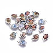 Glass Charms, with Brass Findings, Oval with Saint, Platinum, 12x7.5x2mm, Hole: 1.4mm(KK-F789-37P)