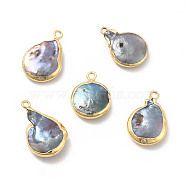 Baroque Natural Keshi Pearl Pendants, Teardrop Charms, with Brass Loops, Blue, Light Gold, 17~22x13~14x4~5mm, Hole: 1.6~1.8mm(PEAR-P004-41KCG)