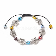 Colorful Lampwork Evil Eye & Glass & Alloy Braided Bead Bracelet for Women, Owl, Inner Diameter: 2-1/8~3-1/4 inch(5.5~8.2cm), Owl: 11x10x7mm(BJEW-JB09267-03)