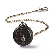 Ebony Wood Pocket Watch with Brass Curb Chain and Clips, Flat Round Electronic Watch for Men, Black, 16-3/8~17-1/8 inch(41.7~43.5cm)(WACH-D017-A10-01AB)