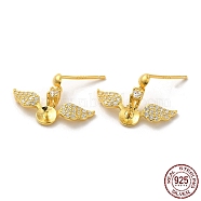 Wings 925 Sterling Silver Micro Pave Cubic Zirconia Dangle Stud Earring Findings, for Half Drilled Beads, with S925 Stamp, Real 18K Gold Plated, 12x17.5mm, Pin: 0.9mm and 11x0.9mm(STER-P056-10G)