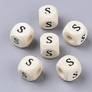 Printed Natural Wood Beads, Horizontal Hole, Cube with Initial Letter, PapayaWhip, Letter.S, 10x10x10mm, Hole: 3.5mm, about 1000pcs/500g(WOOD-T026-001S)