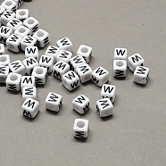 Large Hole Acrylic Letter European Beads, Horizontal Hole, White & Black, Cube with Letter, Letter.W, 8x8x8mm, Hole: 4mm, about 1144pcs/500g(SACR-Q103-8mm-01W)