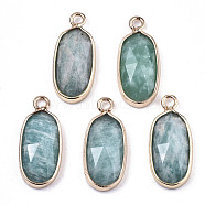 Natural Flower Amazonite Pendants, with Light Gold Plated Brass Edge and Loop, Oval, Faceted, 18x8x4mm, Hole: 1.6mm(G-N326-45F)