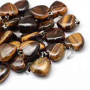 Heart Natural Tiger Eye Pendants, with Platinum Plated Brass Findings, 17~19x15~16x5~8mm, Hole: 2x7mm(X-G-Q371-06)