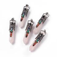 Natural Rose Quartz Big Pendants, 7 Chakra Faceted Bullet Charms, with Rack Plating Antique Silver Tone Alloy Crown Findings, Cadmium Free & Lead Free, 84x20x19.5mm, Hole: 8x5mm(G-H281-02H)