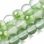 Frosted Spray Painted Glass Beads Strands, with Golden Foil, Round, Lime Green, 6~7mm, Hole: 1.2~1.5mm, about 65~67pcs/Strand, 14.76 inch~15.12 inch(37.5~38.4cm)(X-GLAA-N035-03B-C02)