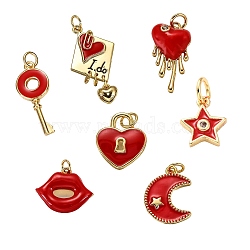 7Pcs 7 Style Brass Enamel Pendants, with Clear Cubic Zirconia, Long-Lasting Plated, Real 18K Gold Plated, Mixed Shapes, Red, 1pc/style(KK-SZ0004-68)