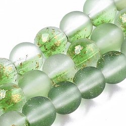 Frosted Spray Painted Glass Beads Strands, with Golden Foil, Round, Lime Green, 6~7mm, Hole: 1.2~1.5mm, about 65~67pcs/Strand, 14.76 inch~15.12 inch(37.5~38.4cm)(X-GLAA-N035-03B-C02)