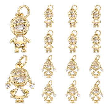 12Pcs 2 Style Brass Micro Pave Cubic Zirconia Pendants, with Jump Ring, Boy & Girl Charm, Real 18K Gold Plated, 15.5~16x8~11x4mm, Hole: 3.4mm, 6pcs/style