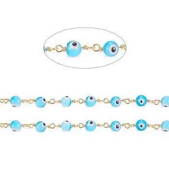 3.28 Feet Handmade Evil Eye Lampwork Round Beaded Chains, with Brass Findings, Unwelded, Long-Lasting Plated, Golden, Cyan, 15x3x6x1.8mm, Beads: 6mm