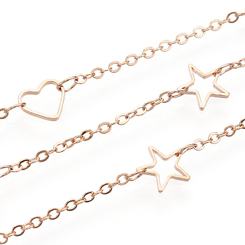 Brass Hollow Heart & Star Link Chains, Soldered, with Spool, Real 18K Gold Plated, 6.5x7.5x1mm, Star: 7.5x8x1mm, 5m/roll
