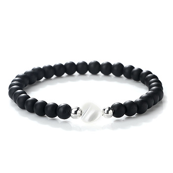 Natural Black Onyx Heart & Round Beaded Stretch Bracelet