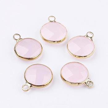 Golden Tone Brass Glass Flat Round Charms, Faceted, Lavender Blush, 12x8.5x3mm, Hole: 1.5mm