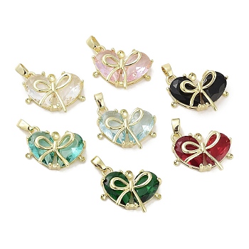 Real 18K Gold Plated Brass Glass Pendants, Heart with Bowknot Charm, Lead Free & Cadmium Free, Long-Lasting Plated, Mixed Color, 14x19x6mm, Hole: 2.5x4mm