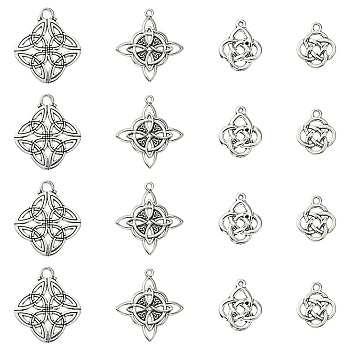 16Pcs 4 Styles Tibetan Style Alloy Pendants, Knot, Antique Silver, 18.5~40x15.5~34x1.5~2.5mm, Hole: 1.2~4mm, 4pcs/style 